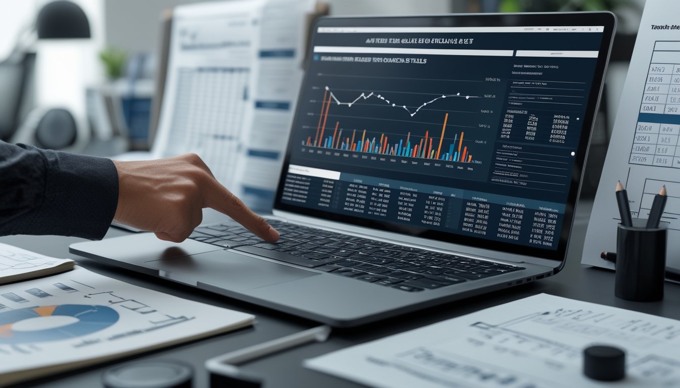 Orang yang sedang menganalisis statistik tim NHL di meja kerja dengan laptop dan dokumen statistik.