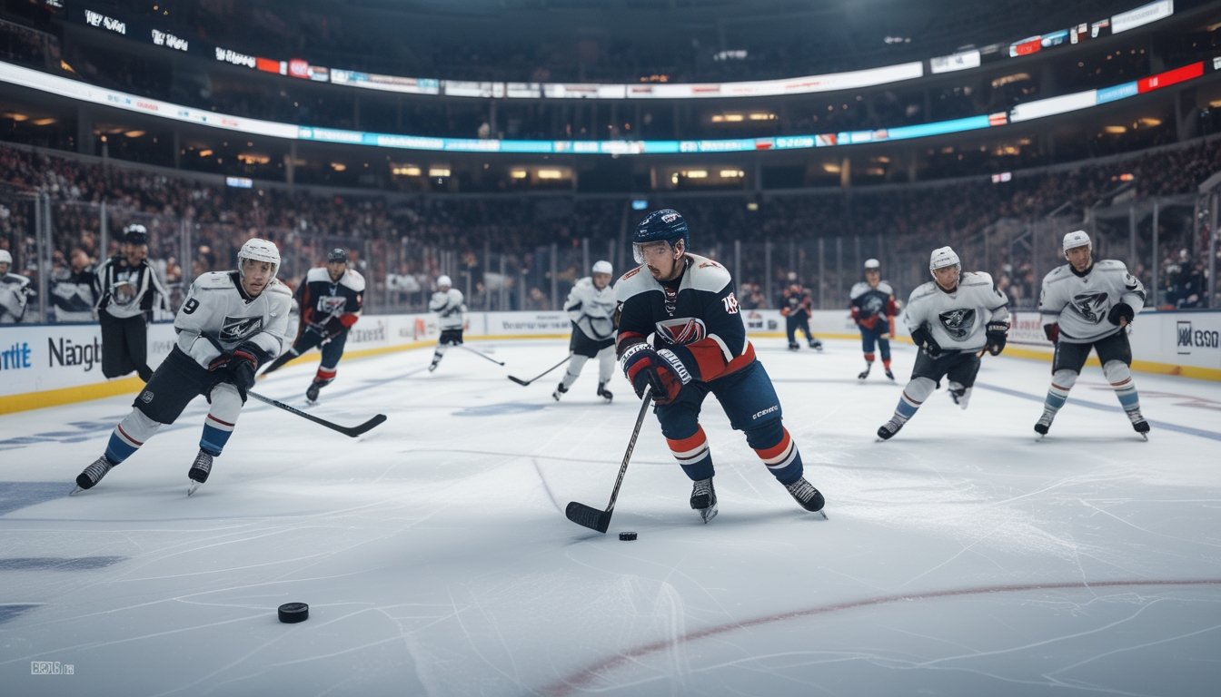 Pertandingan hoki es NHL yang intens dengan pemain yang sedang bermain di arena penuh penonton.