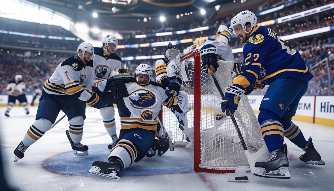 Pertandingan hoki es NHL yang intens dengan pemain yang bersaing di atas es di arena penuh penonton.