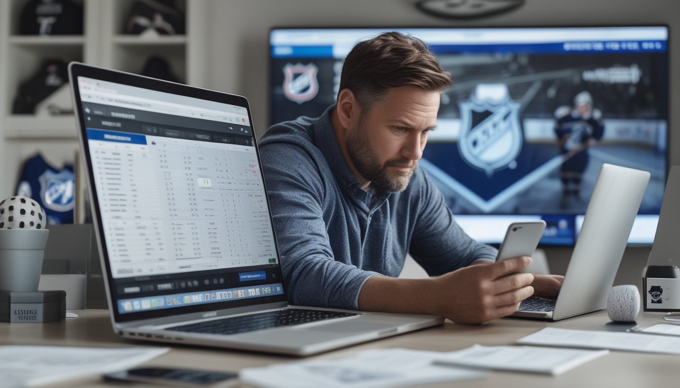 Seorang pria serius sedang menganalisis peluang taruhan NHL di beberapa perangkat digital di ruang kerja modern dengan layar pertandingan hoki di latar belakang.