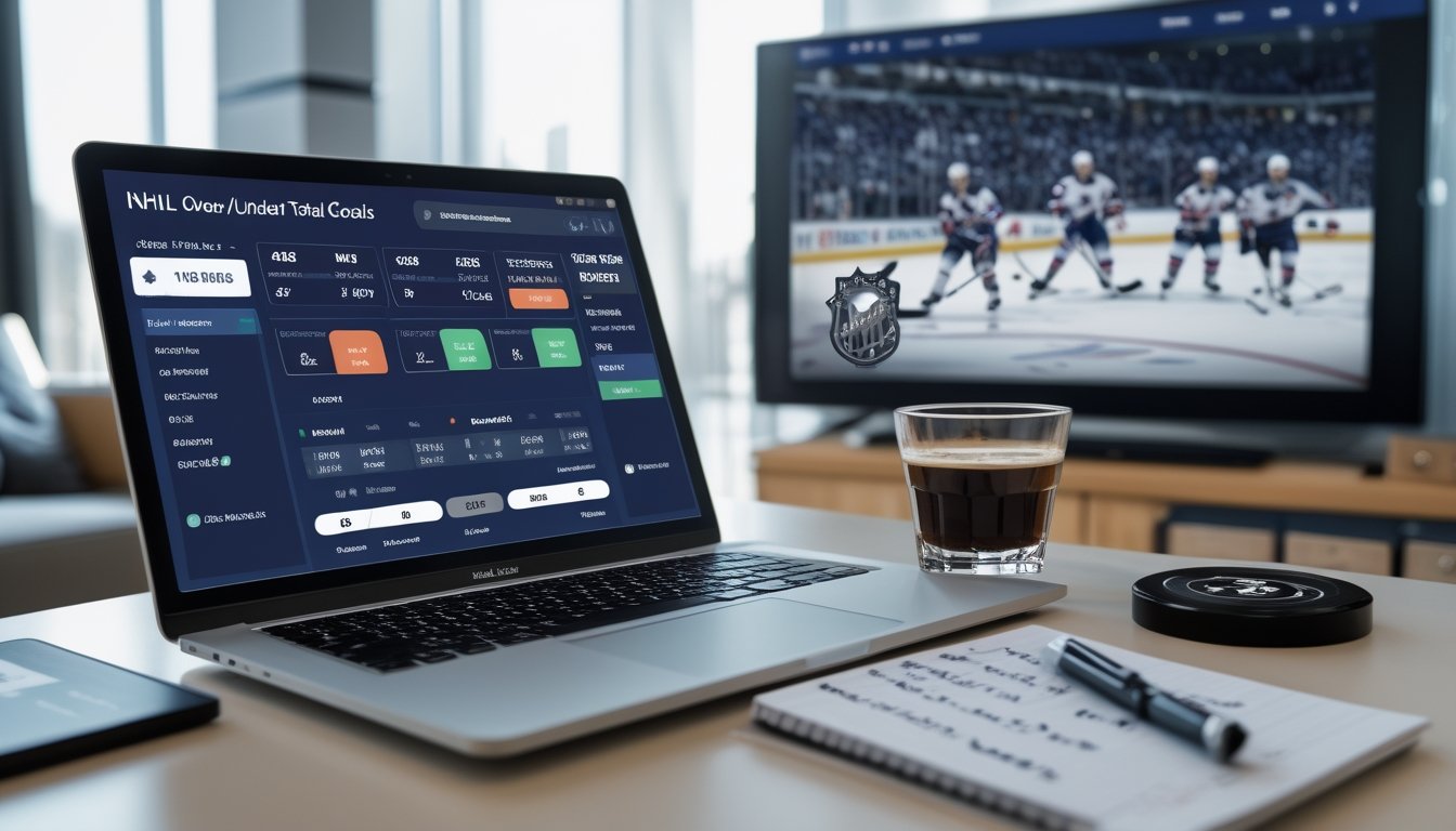 Seseorang sedang bekerja dengan laptop yang menampilkan statistik taruhan NHL dan layar televisi menunjukkan pertandingan hoki es yang sedang berlangsung.