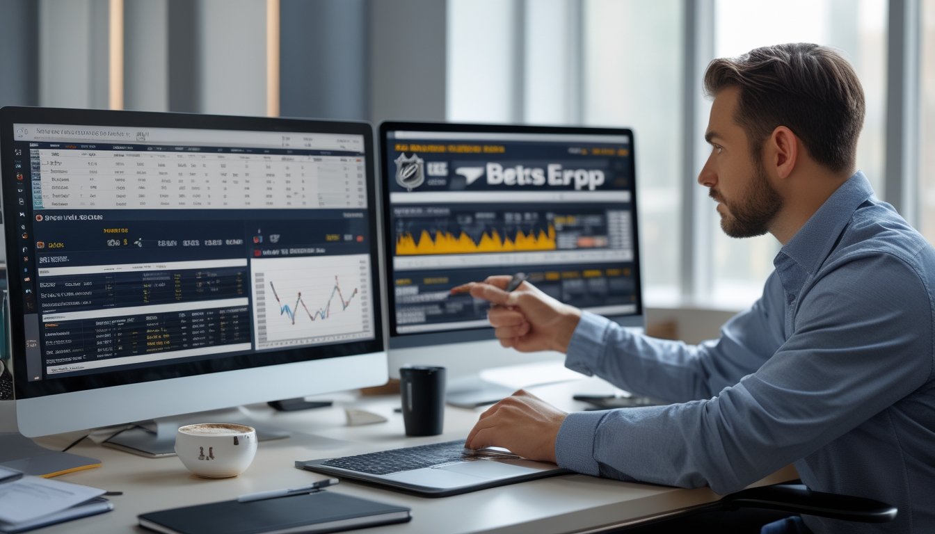 Seorang analis olahraga sedang bekerja di depan beberapa layar komputer yang menampilkan statistik dan peluang taruhan NHL, di sebuah kantor terang dengan jendela besar.