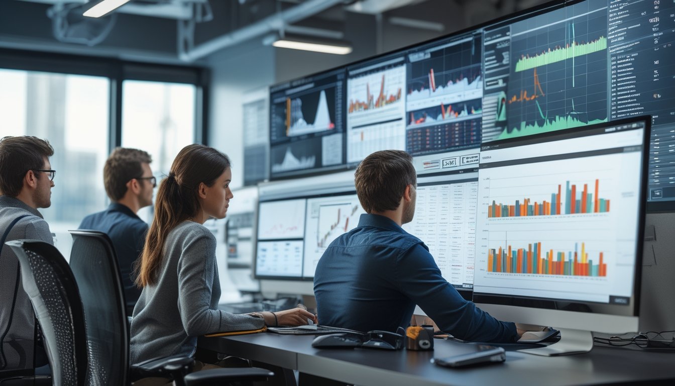 Sekelompok analis sedang mempelajari data statistik NHL di sebuah kantor dengan beberapa layar komputer yang menampilkan grafik dan angka taruhan.