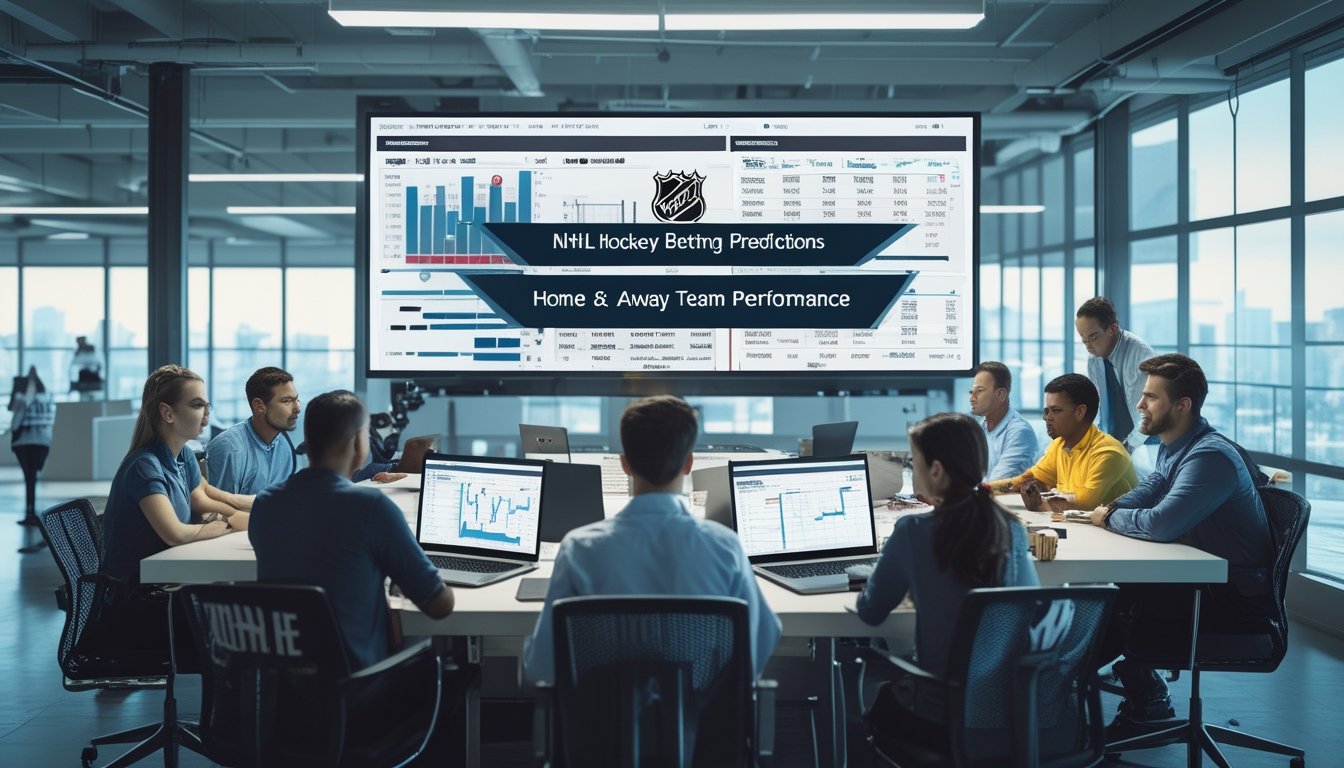 Sekelompok analis olahraga sedang membahas data performa tim NHL di sebuah kantor modern dengan layar digital besar dan perlengkapan hoki di sekitar mereka.