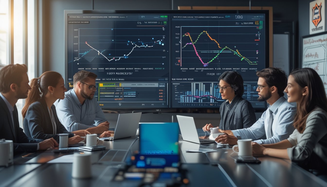 Sekelompok analis sedang berdiskusi di ruang kantor dengan layar digital yang menampilkan grafik statistik performa kandang dan tandang tim NHL.