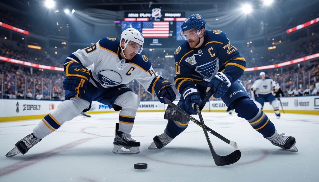 Dua pemain hoki bersaing sengit di pertandingan NHL playoff di arena dengan penonton ramai.