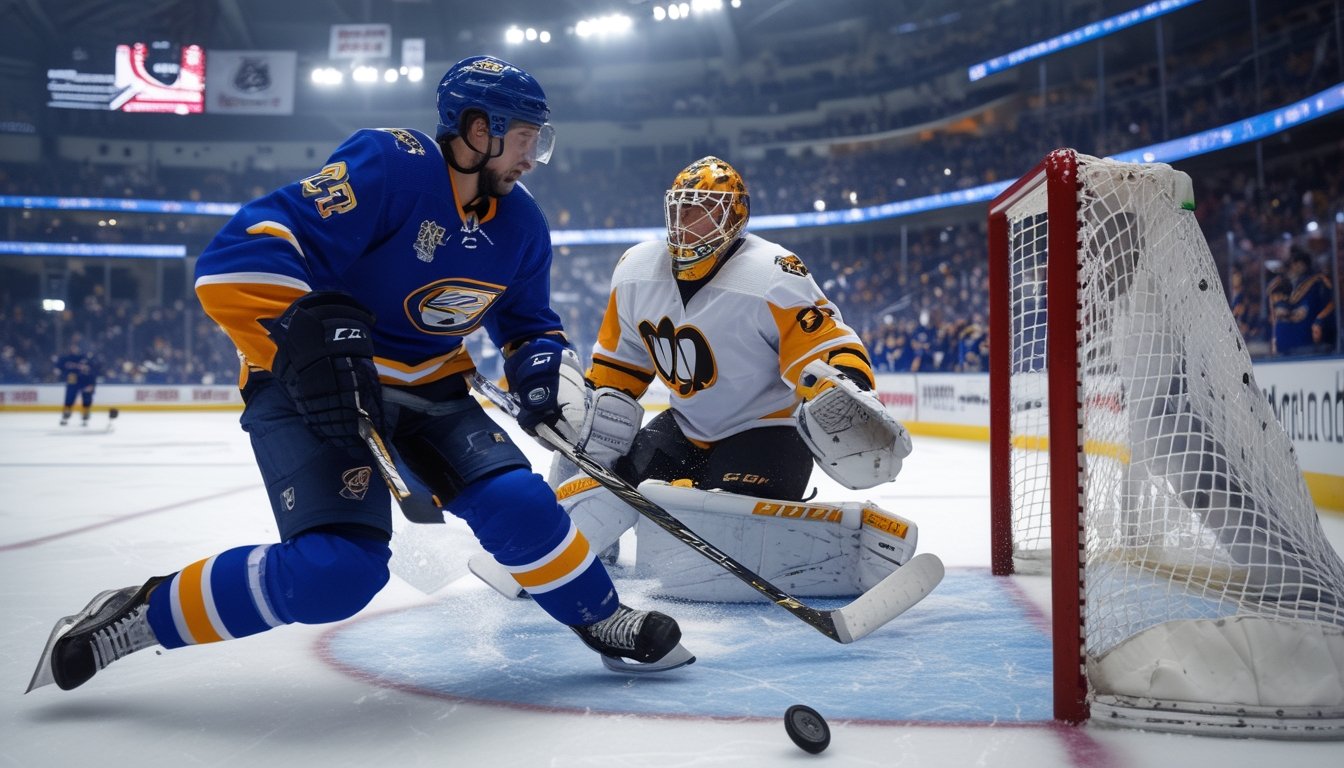 Dua pemain hoki bersaing sengit di depan gawang dalam pertandingan playoff NHL dengan penonton penuh semangat di latar belakang.