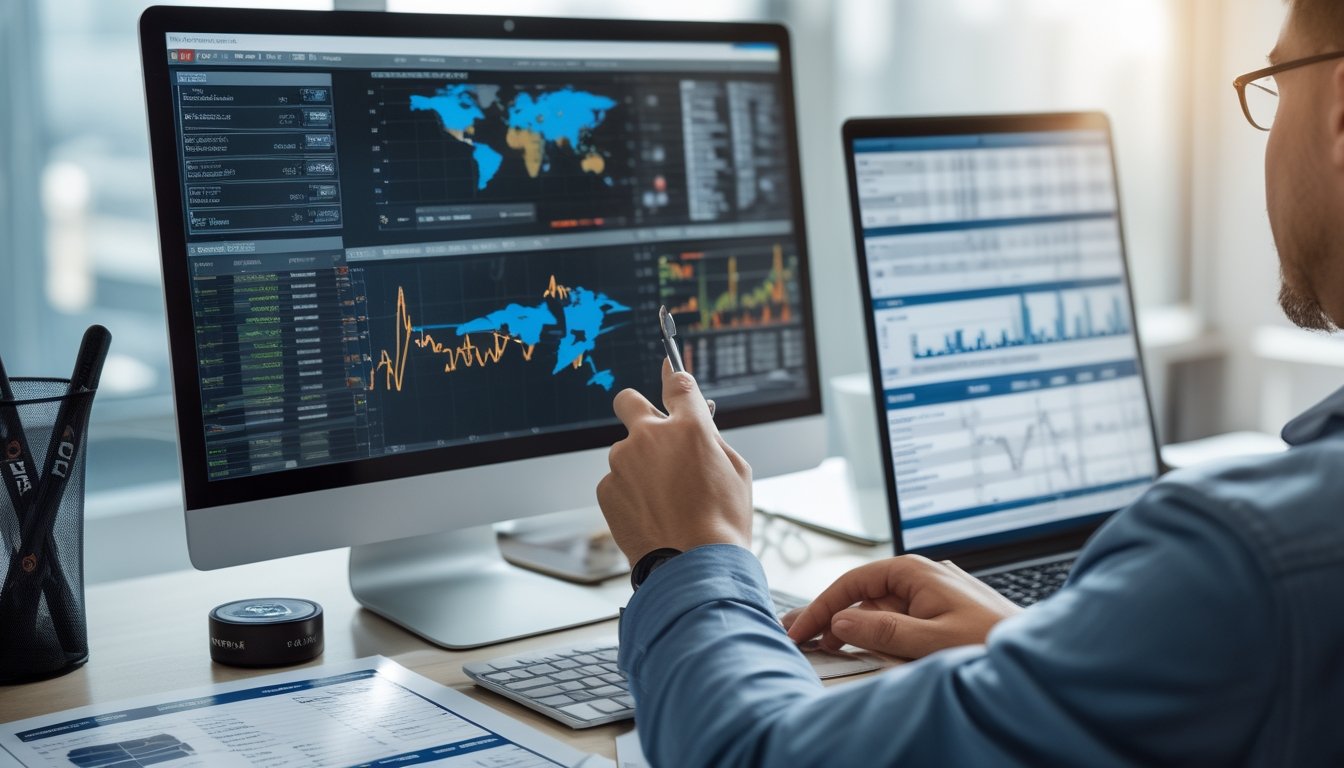Meja kerja dengan monitor komputer yang menampilkan data statistik dan grafik terkait taruhan NHL, tangan menunjuk ke layar, dengan perlengkapan hoki di latar belakang.
