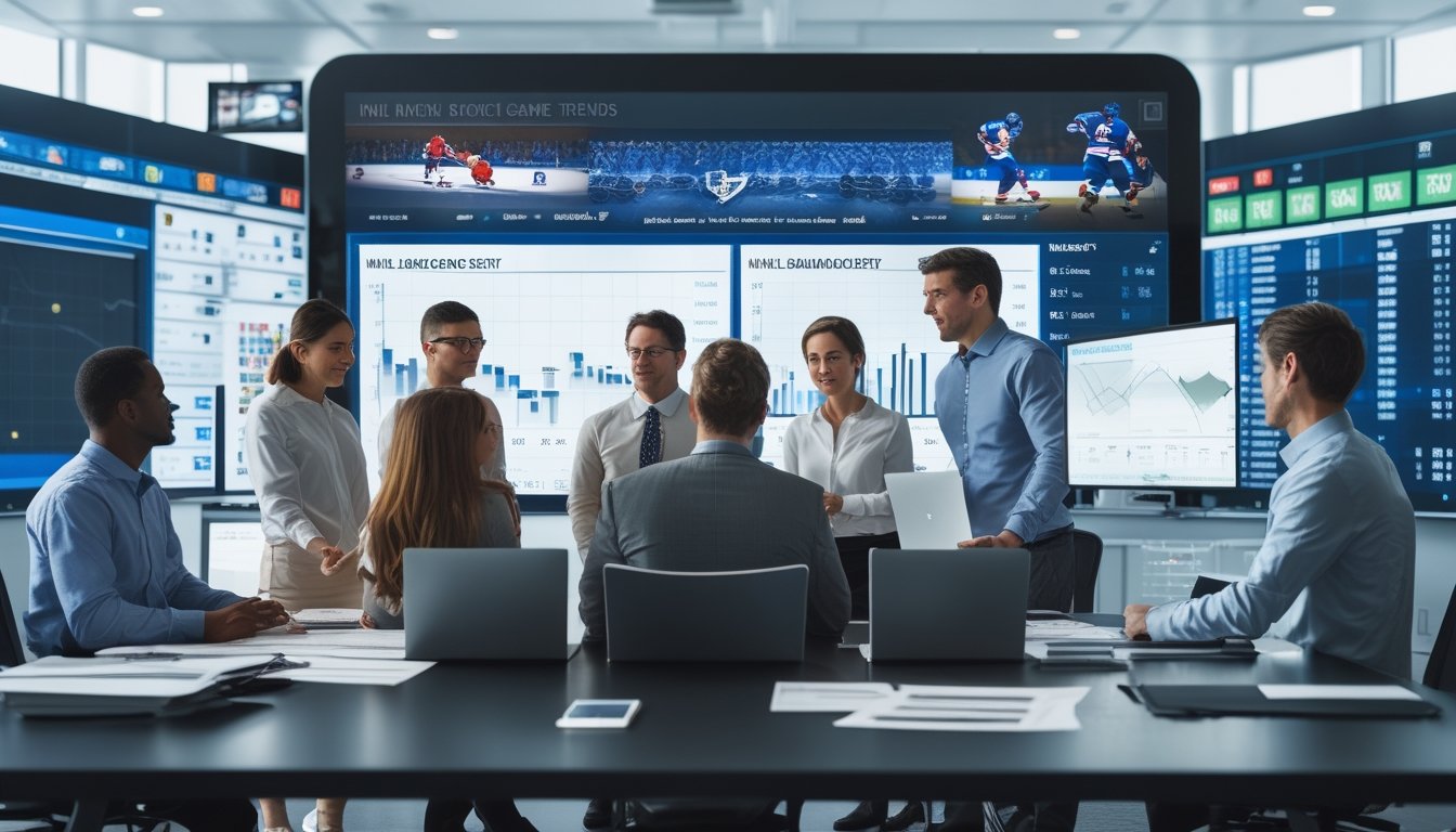 Sekelompok profesional sedang menganalisis data statistik pertandingan hoki di kantor dengan layar komputer yang menampilkan grafik dan tren permainan NHL.