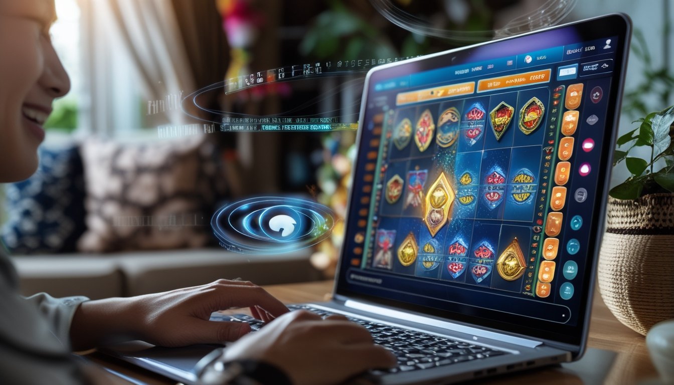 Seorang pemain Indonesia sedang menggunakan laptop untuk bermain permainan slot Megaways dengan latar ruangan rumah yang nyaman dan dekorasi tradisional.