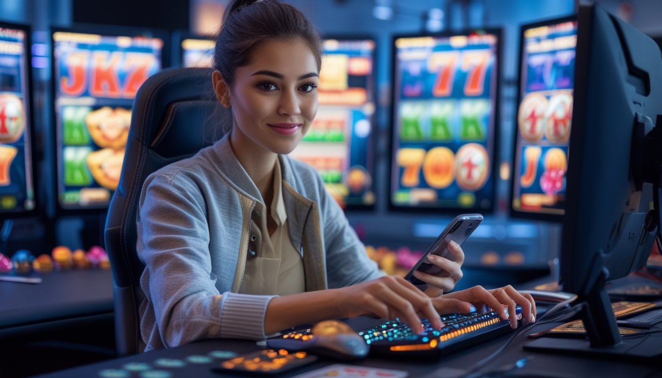 Seorang wanita muda duduk di depan beberapa monitor yang menampilkan permainan slot Megaways, terlihat fokus dan tersenyum sambil menggunakan ponsel dan keyboard di ruangan modern.