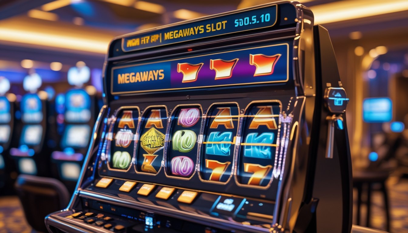 Mesin slot modern dengan layar berwarna cerah di dalam kasino yang mewah dan ramai.