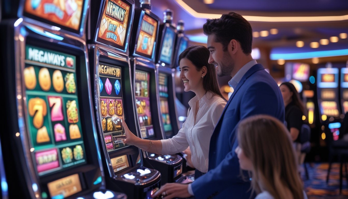 Orang-orang bermain mesin slot Megaways di kasino modern dengan layar mesin slot berwarna-warni dan suasana yang cerah.