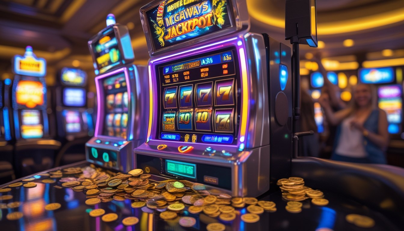 Area mesin slot kasino dengan mesin Megaways yang menampilkan jackpot progresif dan koin yang keluar, suasana ramai dan ceria.
