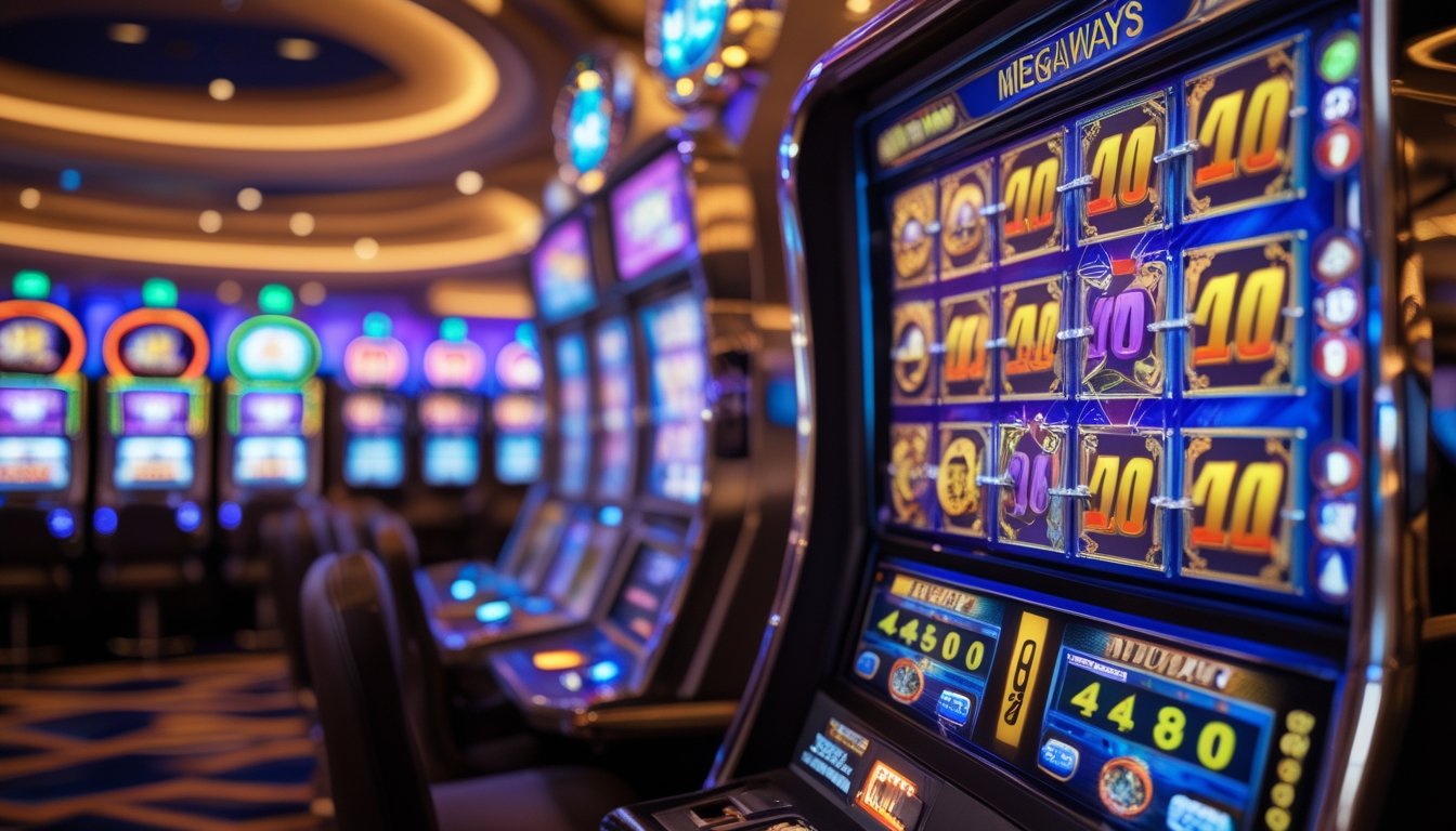 Mesin slot Megaways yang menampilkan gulungan berwarna-warni dan meter jackpot progresif di latar kasino yang ramai.
