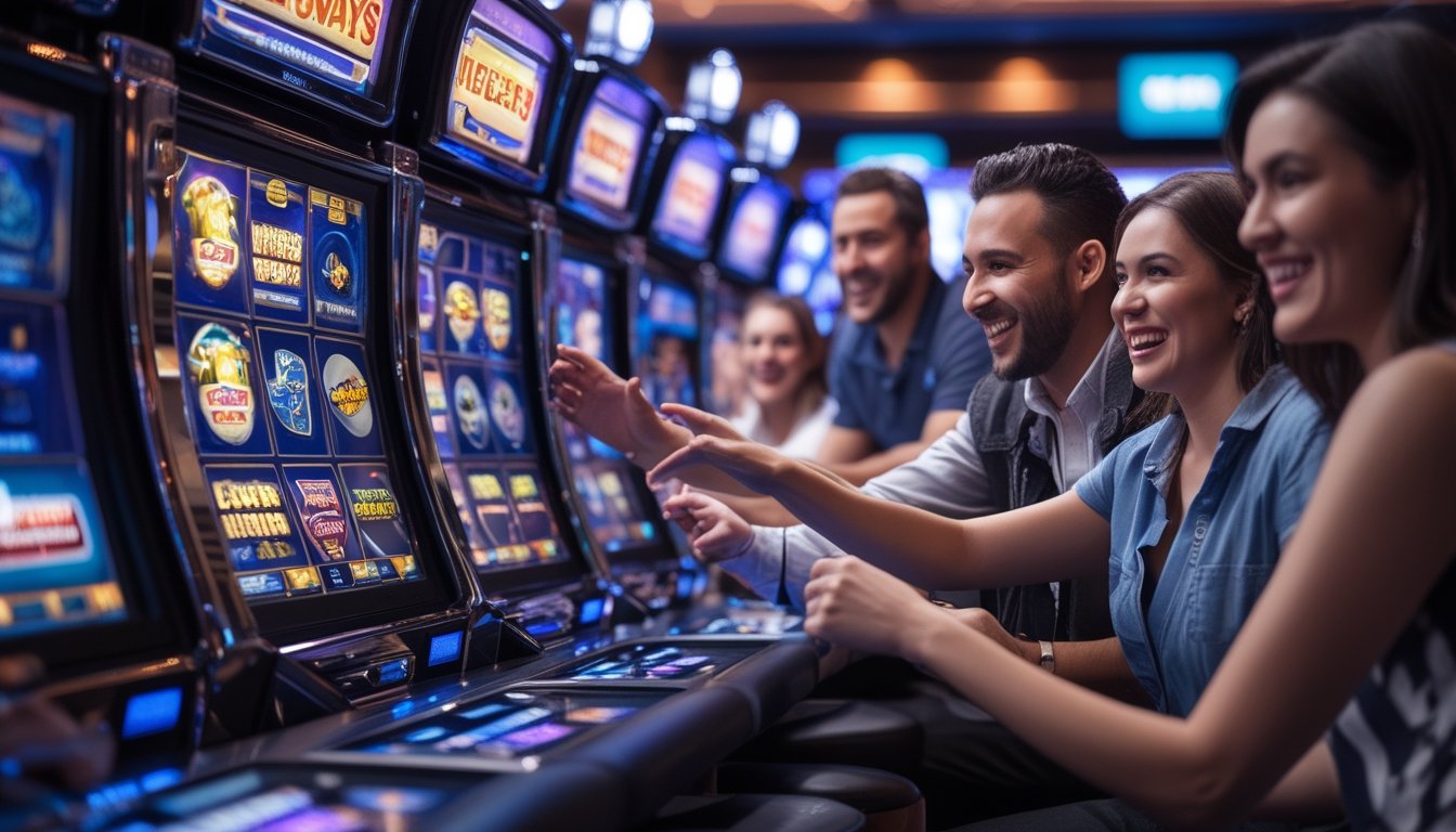 Sejumlah orang bermain mesin slot Megaways di kasino modern dengan suasana ceria dan teknologi canggih.
