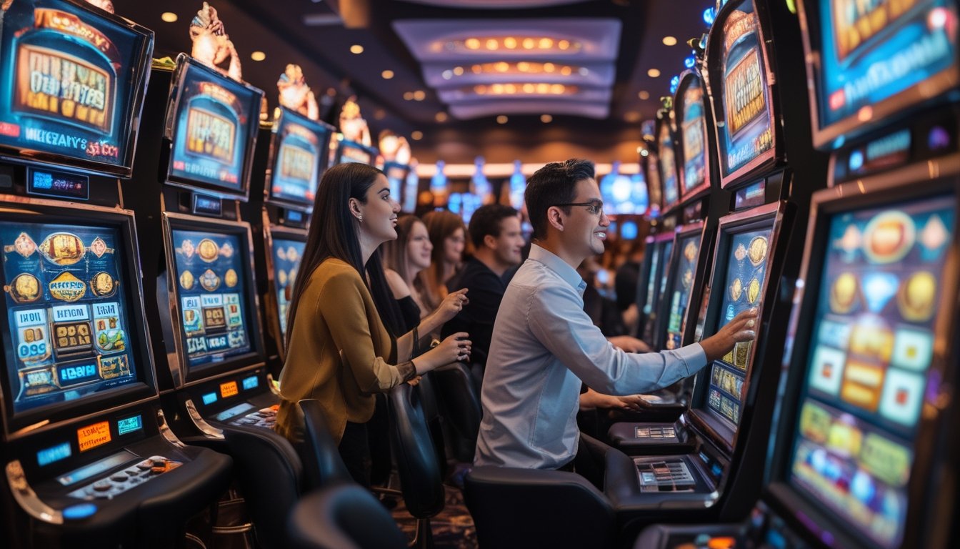 Beberapa orang bermain mesin slot Megaways yang modern dan berwarna-warni di lantai kasino yang terang dan ramai.