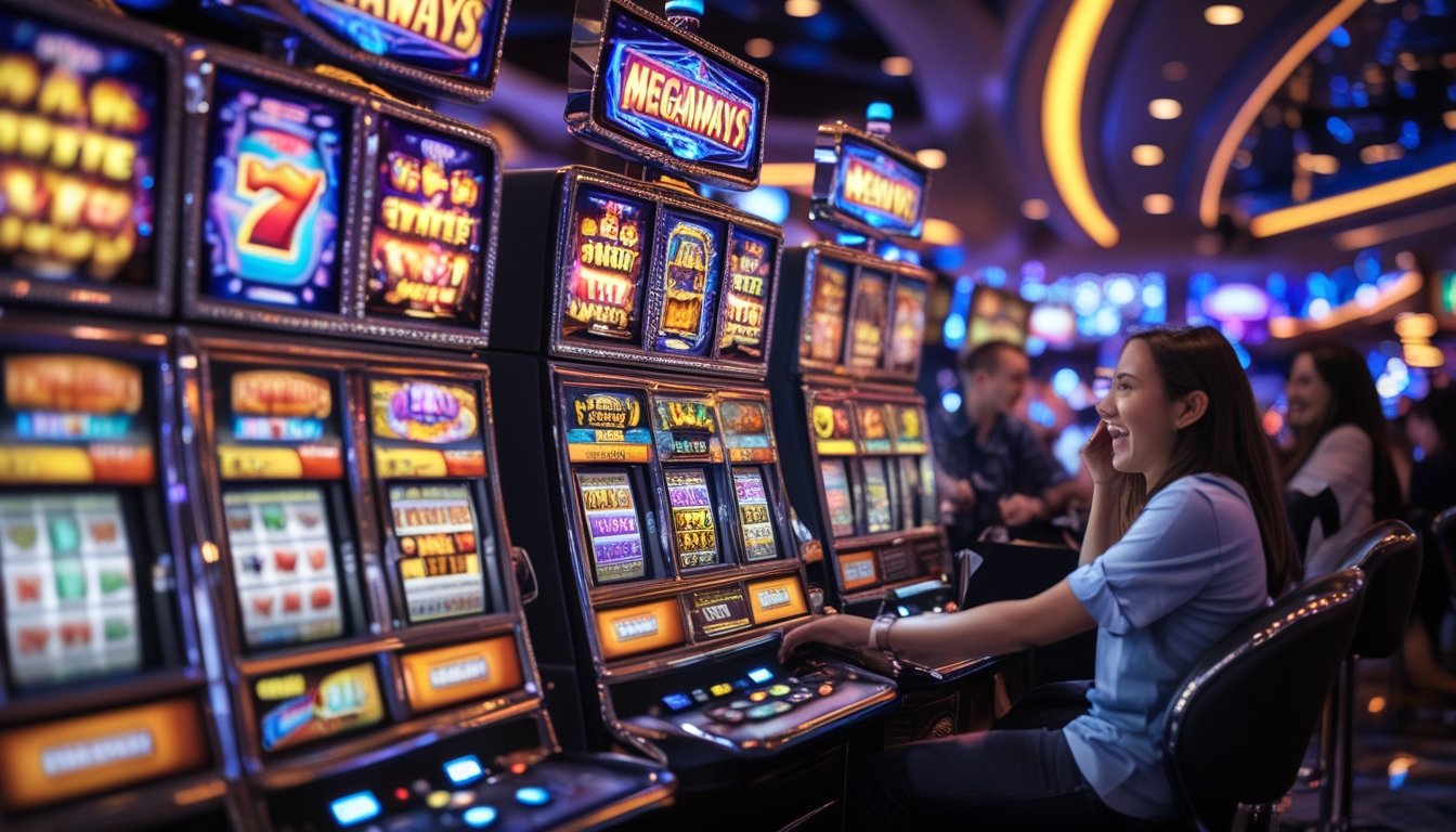 Suasana kasino dengan beberapa mesin slot Megaways yang berwarna-warni dan pemain yang sedang bermain dengan antusias.