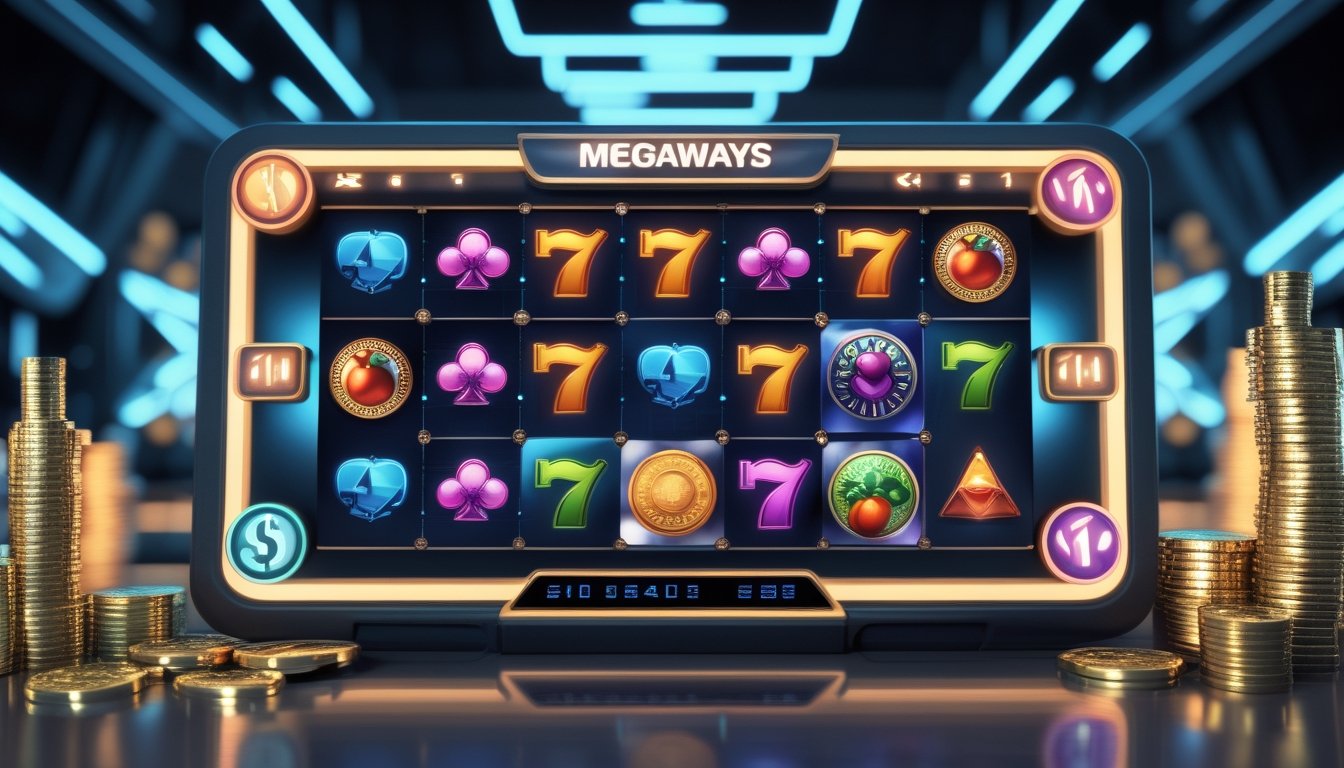 Tampilan mesin slot digital dengan banyak gulungan dan simbol berwarna-warni, menampilkan suasana permainan slot Megaways online dengan koin dan grafik kemenangan.