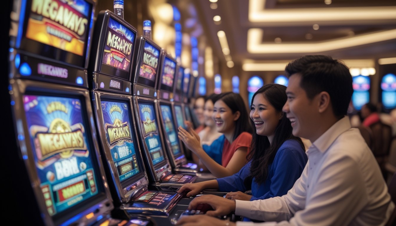 Beberapa pemain Indonesia sedang bermain mesin slot Megaways di kasino dengan suasana yang ramai dan penuh semangat.