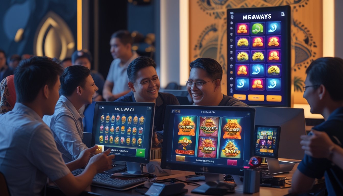 Sekelompok pemain Indonesia menggunakan komputer dan ponsel untuk bermain permainan slot Megaways di lingkungan gaming yang modern dan ramah.