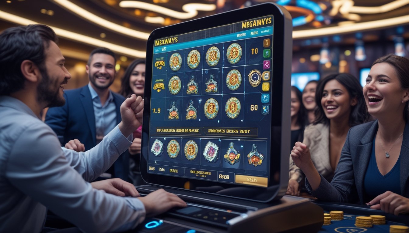 Beberapa pemain di kasino sedang bermain mesin slot Megaways dengan ekspresi antusias dan latar belakang suasana kasino.