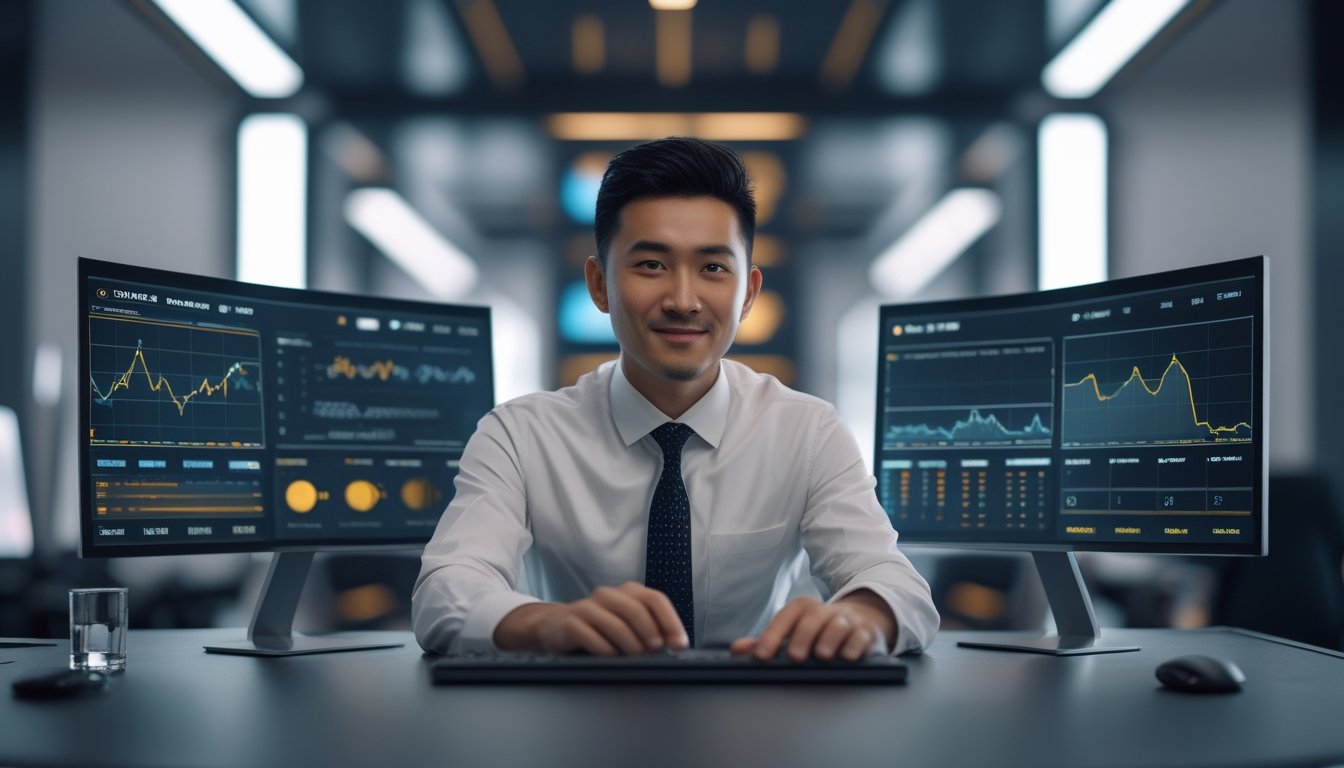 Seorang pria Asia duduk di meja modern dengan beberapa layar digital menampilkan grafik dan data statistik terkait permainan RTP online.