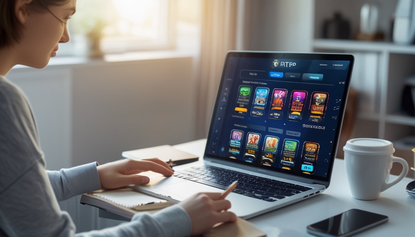 Seorang pemain pemula duduk di meja dengan laptop terbuka, tampak fokus memilih platform permainan online di ruangan yang terang dan nyaman.