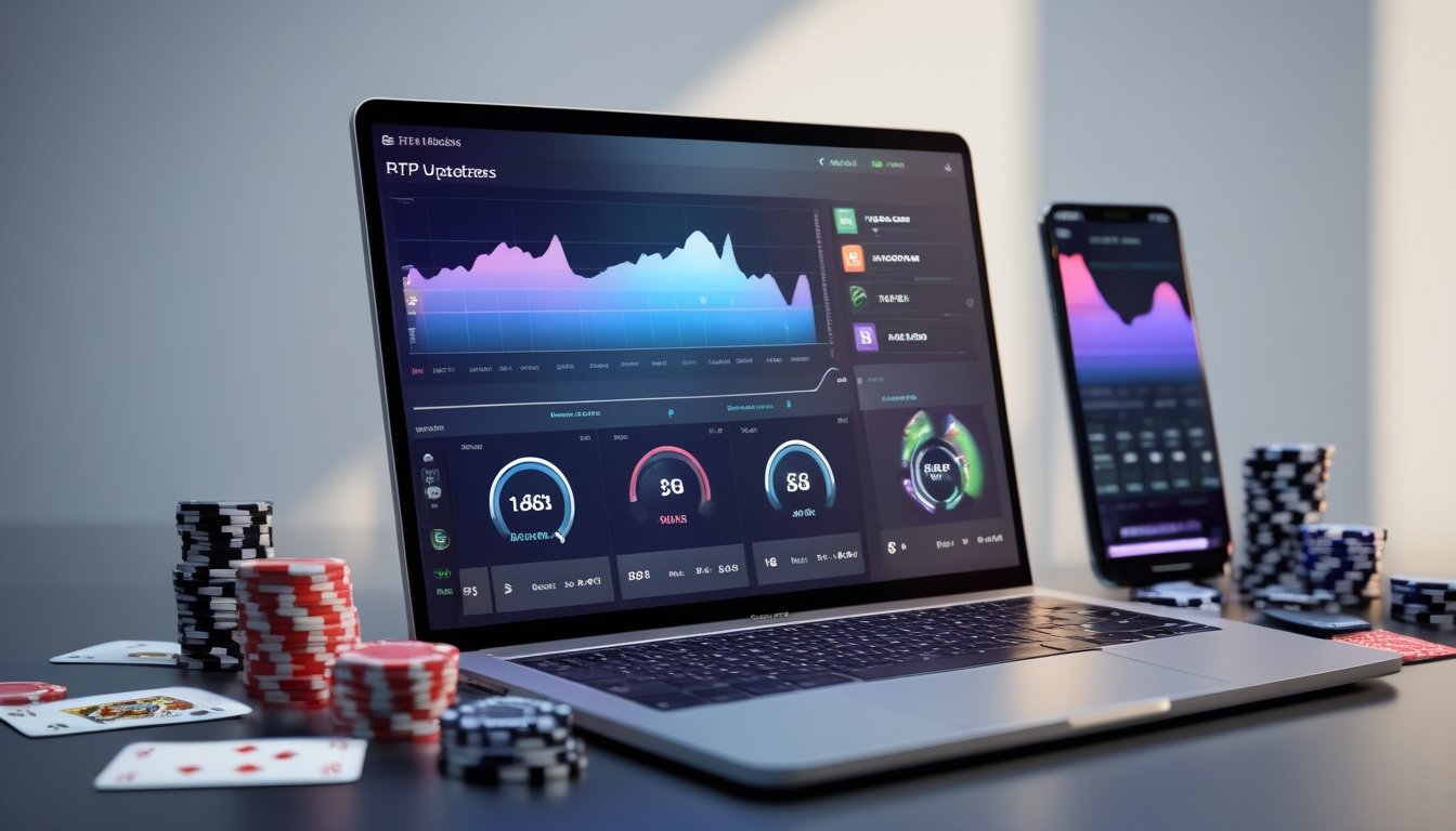 Seorang profesional menggunakan komputer dengan grafik dan data statistik permainan online yang diperbarui secara langsung.