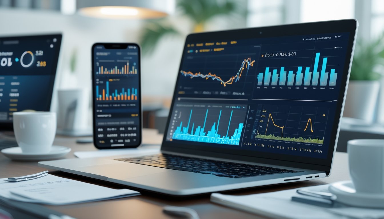 Seorang profesional bekerja di depan laptop dengan grafik data dan ponsel di meja, di dalam ruang kantor yang rapi dan terang.