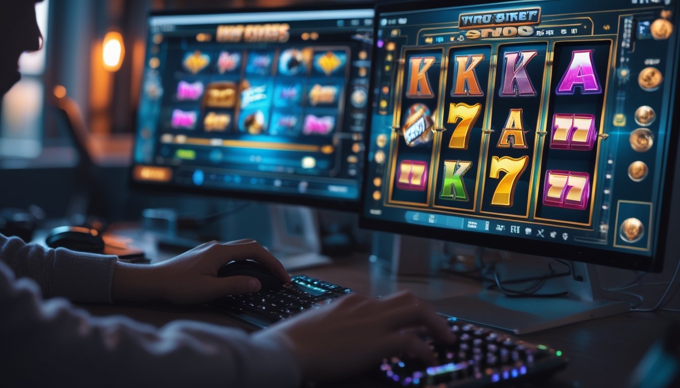 Seseorang sedang bermain permainan slot online di komputer dengan beberapa layar yang menampilkan mesin slot berwarna-warni.