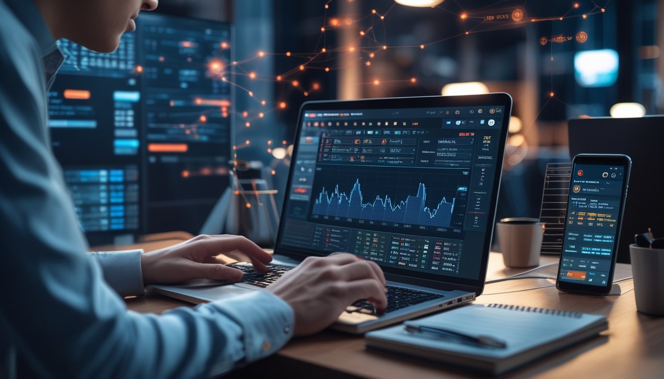 Seorang pria duduk di depan laptop dengan grafik dan data terkait permainan judi online, dikelilingi perangkat elektronik di meja kerja.