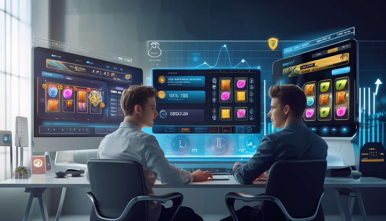 Seorang pria muda duduk di depan beberapa layar komputer yang menampilkan permainan slot online dan grafik keamanan dalam ruangan modern.