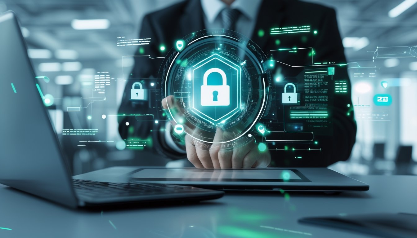 Seorang profesional menggunakan perangkat digital dengan ikon kunci dan simbol keamanan di latar belakang yang menggambarkan perlindungan data pengguna.