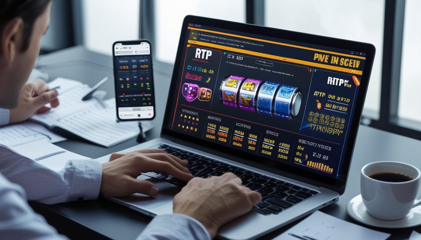 Seseorang menggunakan laptop dengan tampilan permainan kasino online dan statistik RTP, di meja kerja dengan catatan dan ponsel.