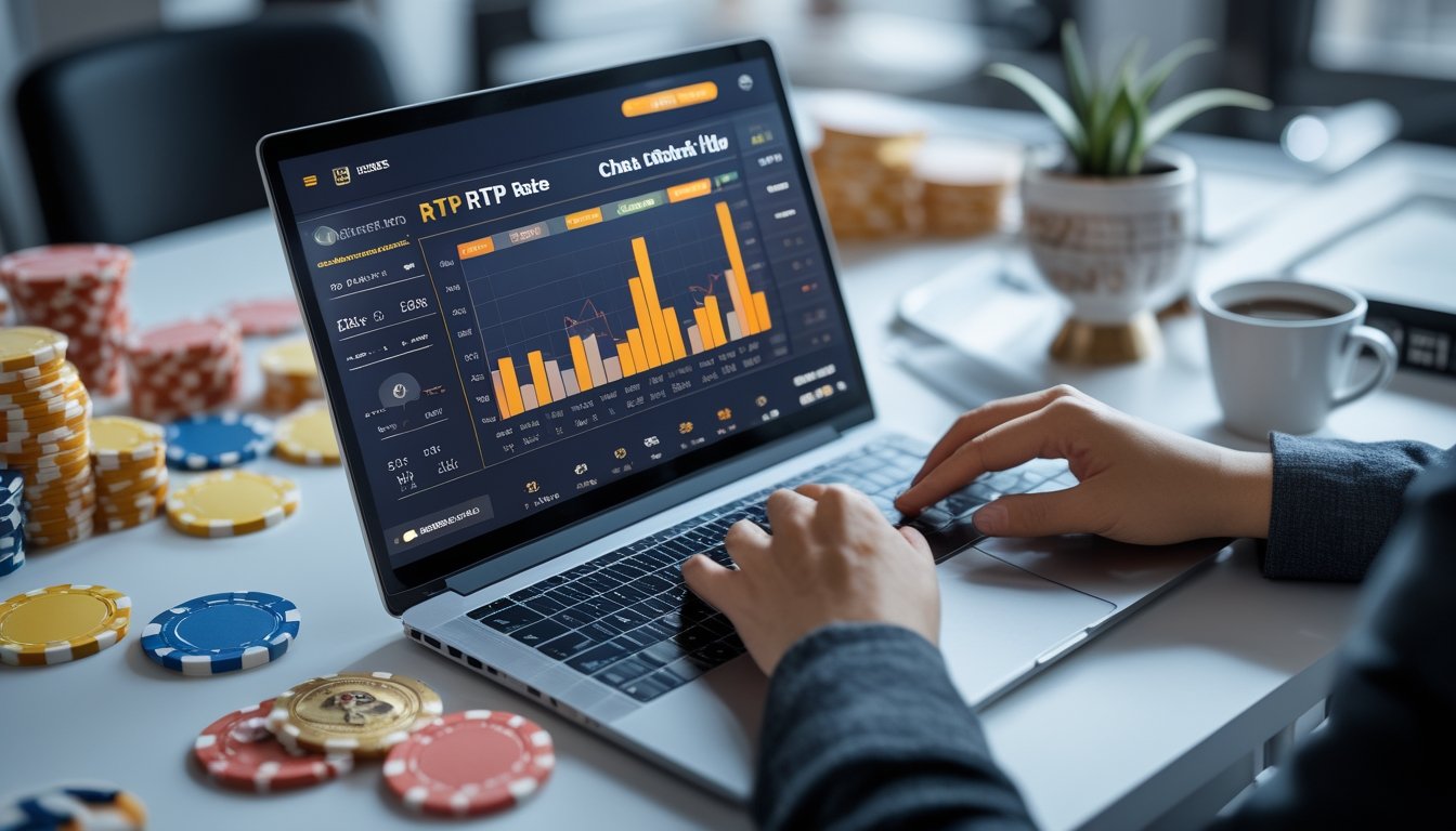 Seorang pria sedang menganalisis data permainan slot online di depan laptop dengan grafik dan statistik, di meja terdapat kopi dan ponsel dengan aplikasi taruhan.