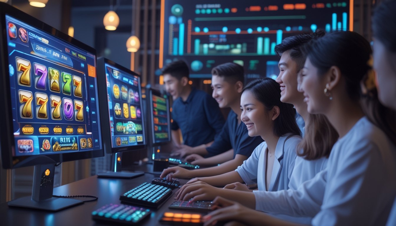 Sekelompok orang muda sedang bermain game kasino online di sebuah ruangan modern dengan layar komputer yang menampilkan grafik permainan slot yang berwarna-warni.
