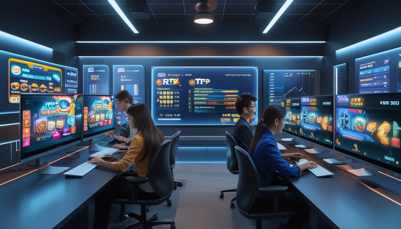 Sekelompok orang muda menggunakan komputer dengan tampilan grafik mesin slot dan data RTP di ruangan modern yang terang.