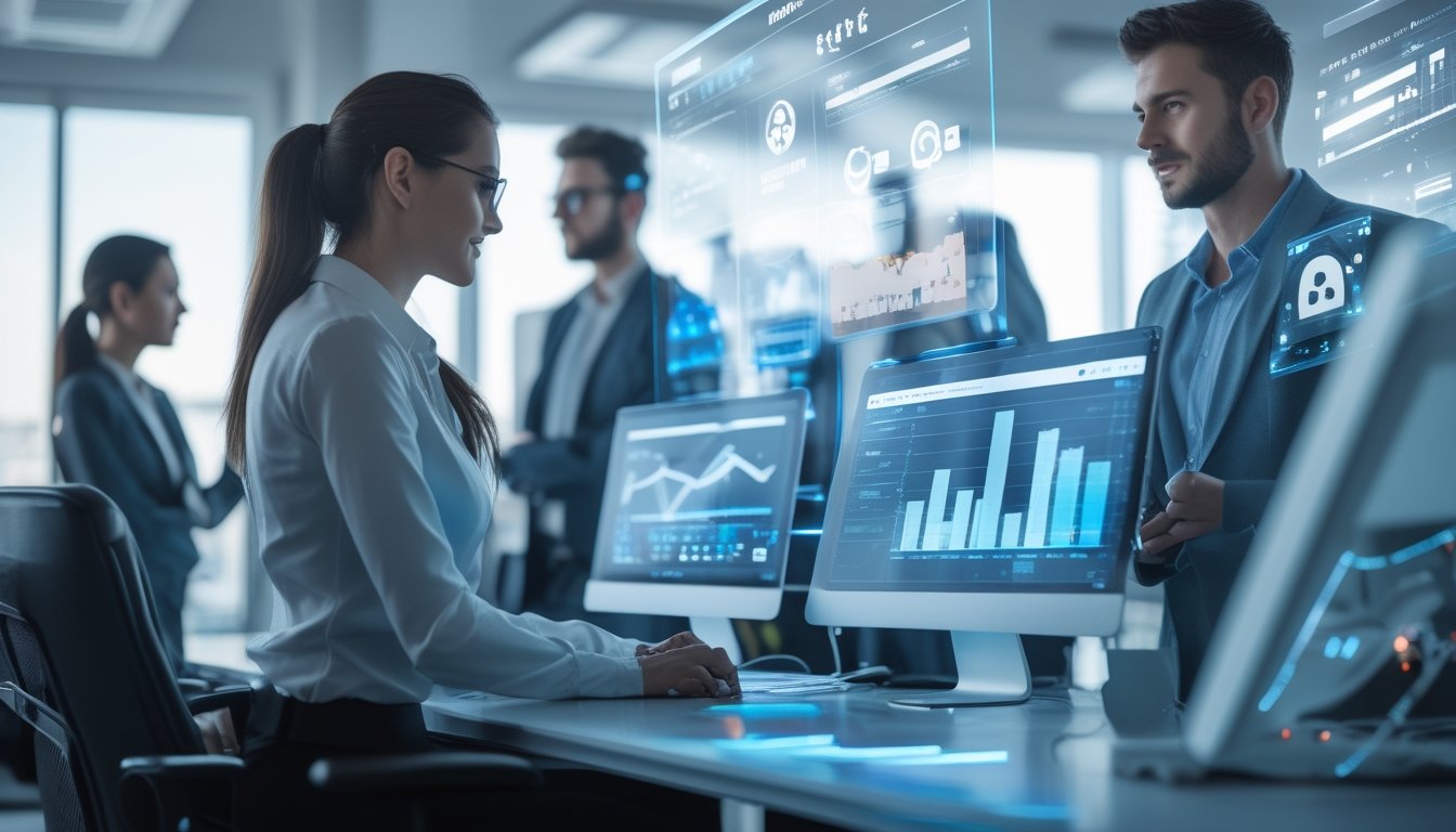 Sekelompok profesional sedang menganalisis data di layar digital transparan dalam lingkungan kantor modern yang berhubungan dengan teknologi dan keamanan permainan online.