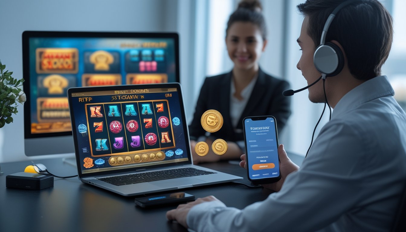 Seorang pengguna laptop sedang bermain permainan slot online dengan tampilan layar yang berwarna-warni, di latar belakang terlihat agen layanan pelanggan yang siap membantu.
