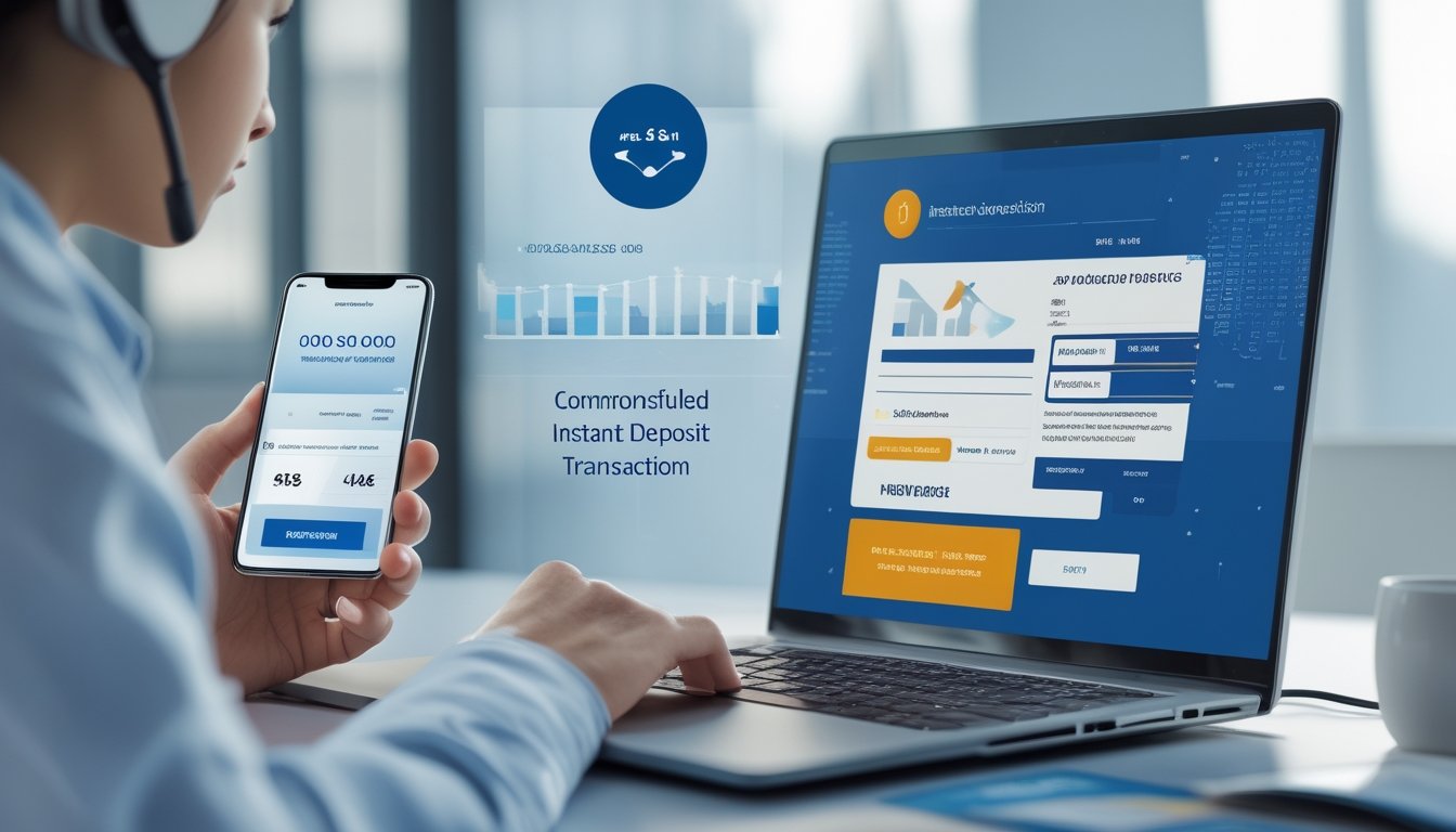 Seseorang menggunakan laptop dan smartphone untuk melakukan transaksi deposit online dengan cepat di lingkungan kantor yang modern.