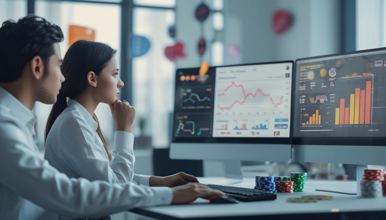 Dua orang dewasa sedang duduk di depan komputer dengan grafik dan data permainan online, fokus menganalisis strategi bermain.
