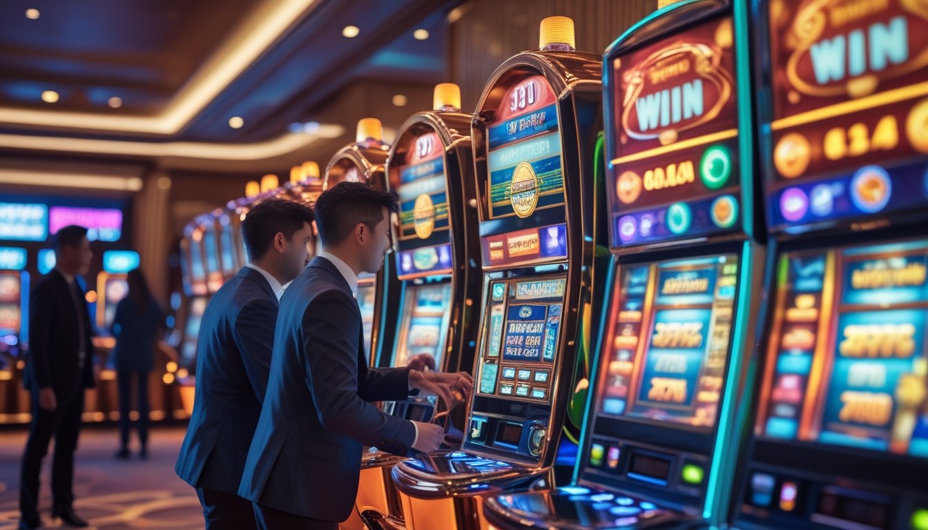 Suasana kasino modern dengan mesin slot 3D berwarna-warni dan orang-orang yang sedang bermain dengan ekspresi antusias.