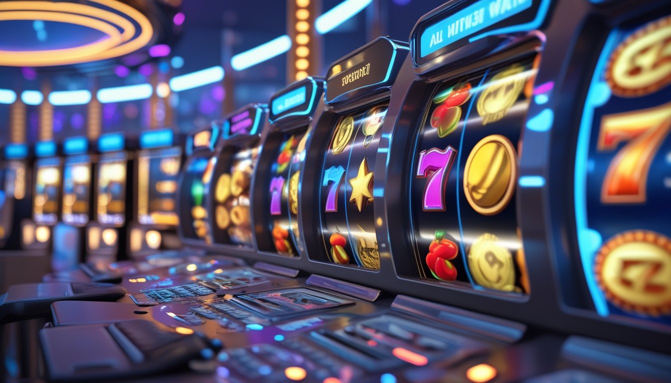 Layar permainan slot 3D online dengan gulungan berwarna-warni dan latar belakang kasino futuristik yang penuh cahaya.
