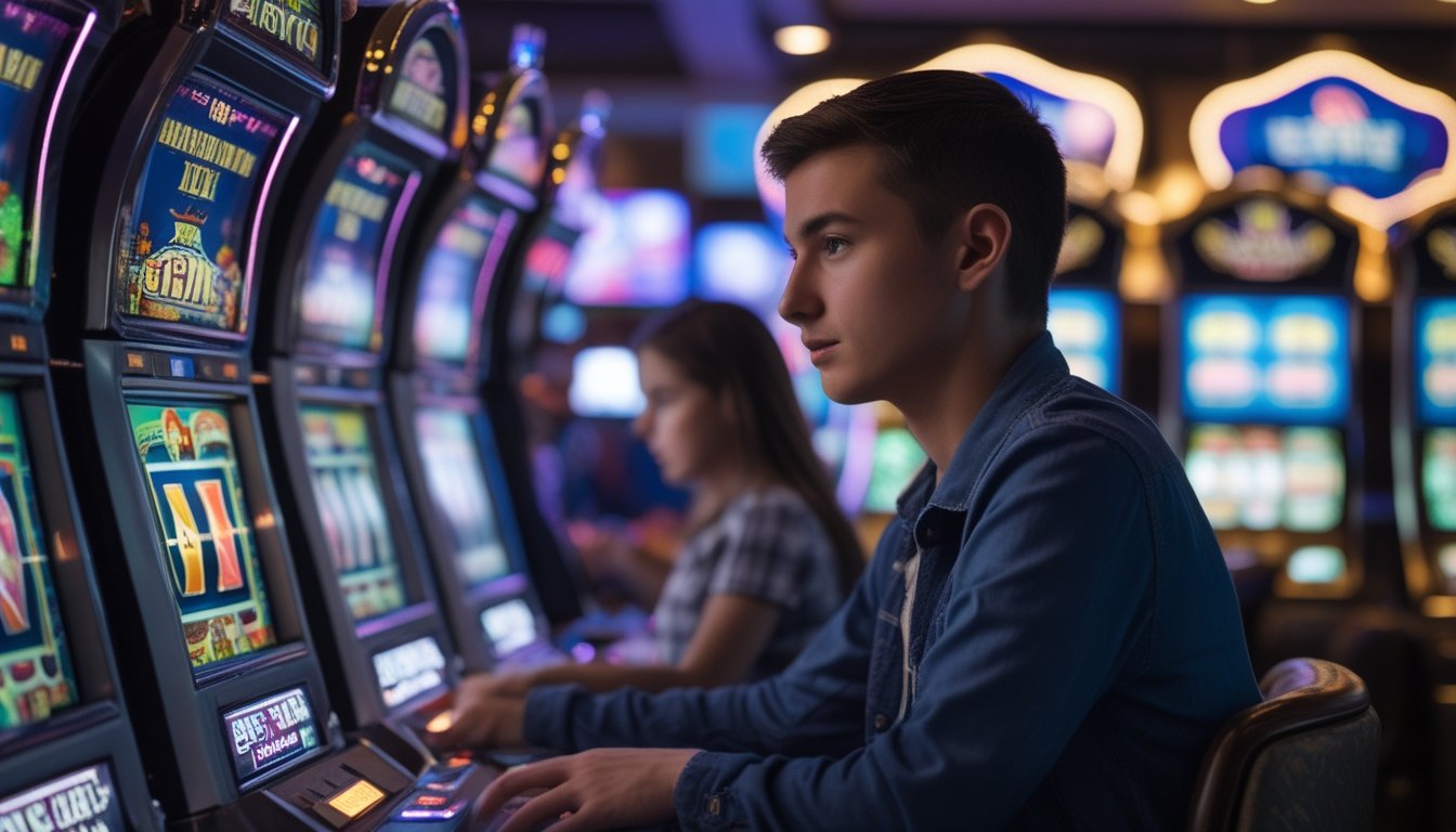 Seorang pemain pemula sedang memilih mesin slot 3D yang aman di dalam kasino modern.