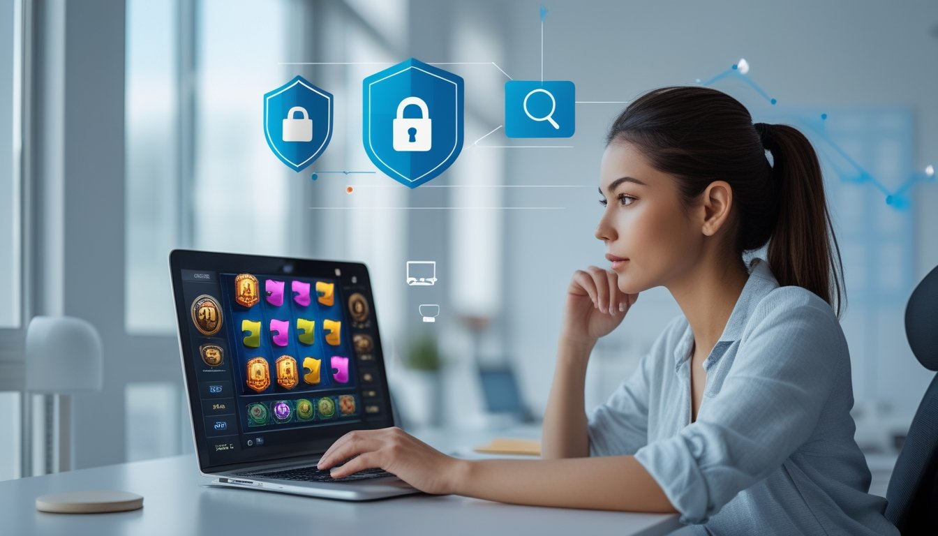 Seorang wanita muda duduk di depan laptop yang menampilkan permainan slot 3D, dengan simbol keamanan dan teknologi di sekitarnya.