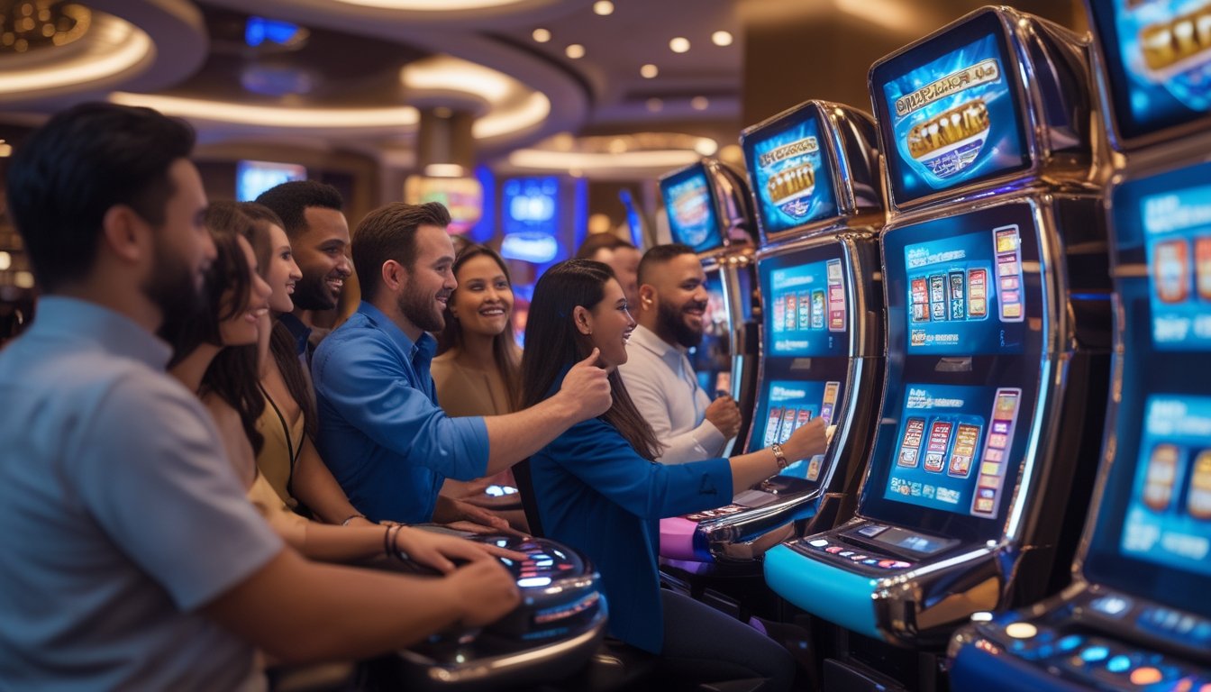 Orang-orang bermain mesin slot 3D di dalam kasino yang modern dan terang dengan suasana ceria.