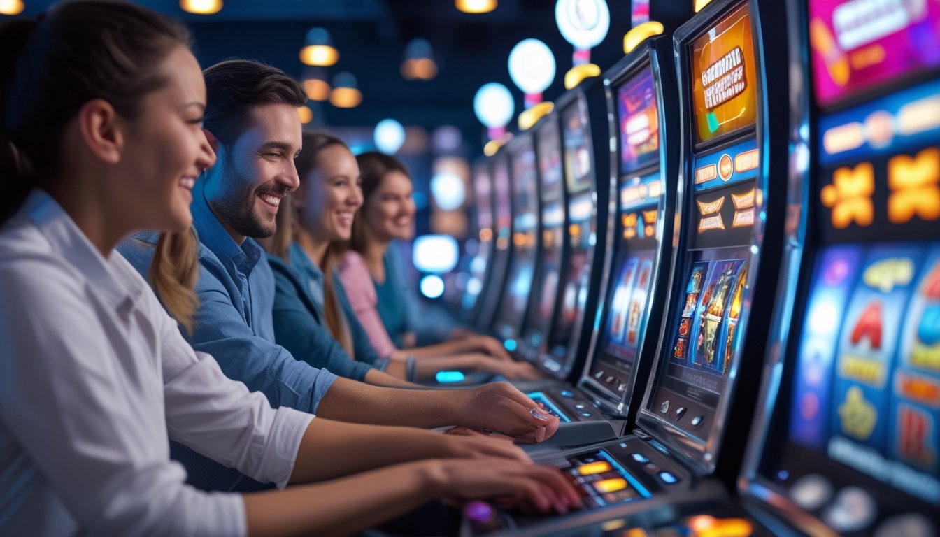 Orang-orang bermain mesin slot 3D di lingkungan kasino online yang modern dan cerah.