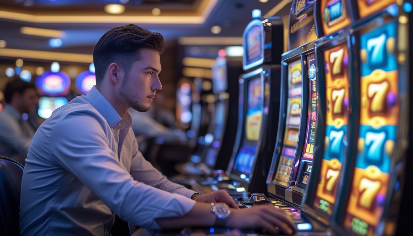Seorang pria duduk di depan mesin slot 3D di kasino, fokus dan berpikir strategis.