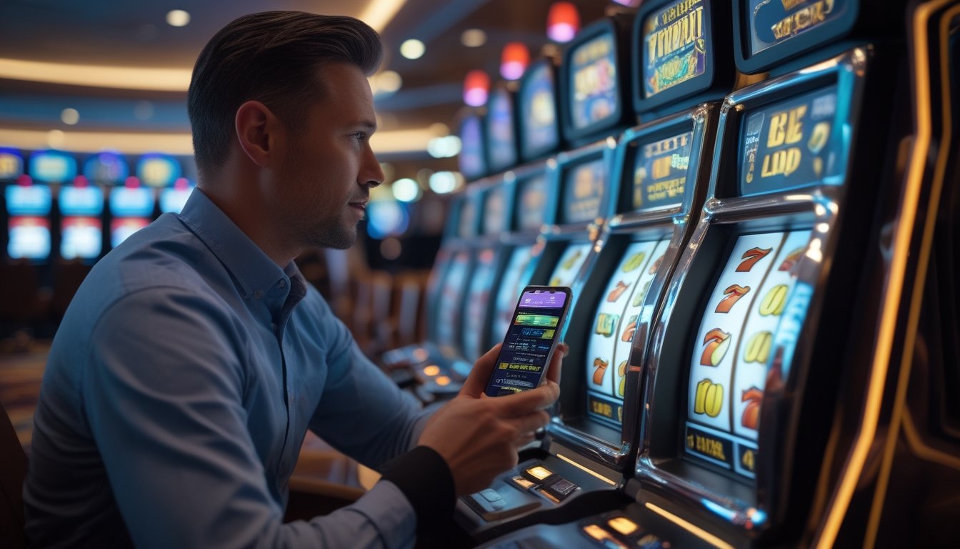 Seorang pemain dewasa sedang memperhatikan mesin slot 3D berwarna-warni di dalam kasino dengan latar belakang kabur.